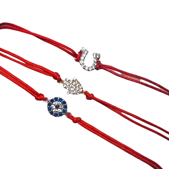 Sterling Silver Red Rope Charm Bracelets – Evil Eye, Hamsa Hand & Horseshoe Set - Picture 1 of 7
